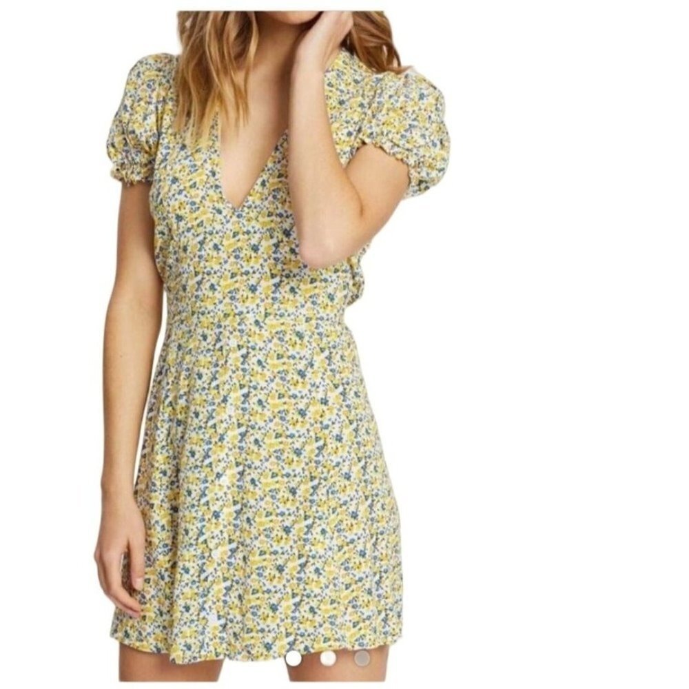 Y2K Butter Yellow Boho Floral Puff Sleeve Mini Dress Size S Fairy Deep V Neck